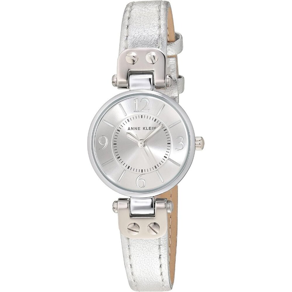 Women's All Silver Domed Mineral Crystal Lens Leather Strap Buckle Closure Watch